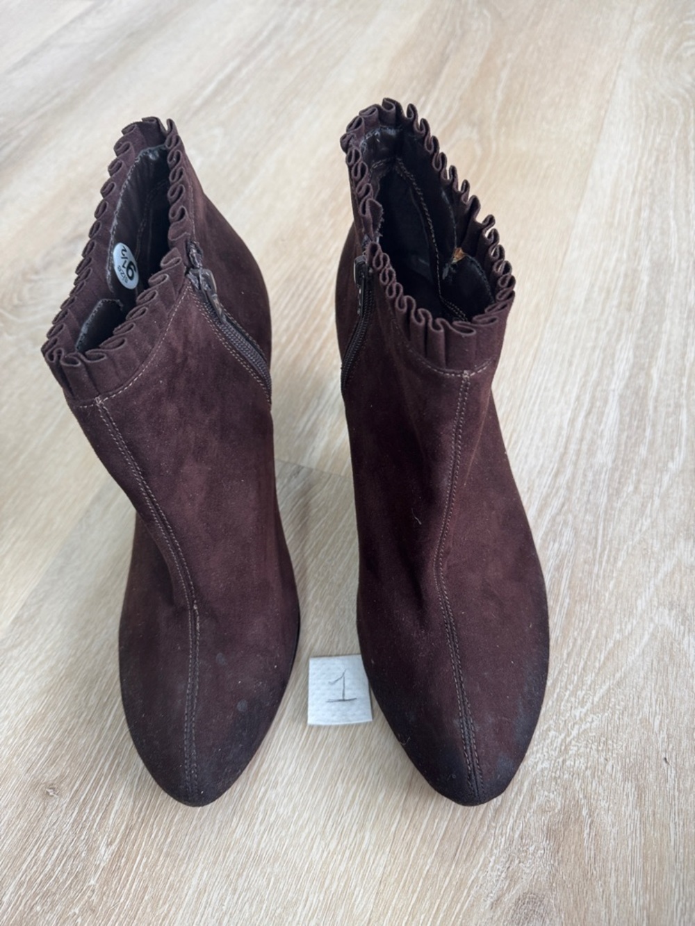 AEROSOLES Dark Brown Suede Ruffle-Trim Ankle Boots
